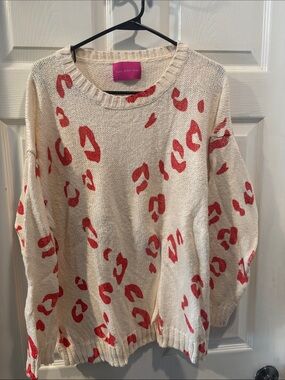 Cream Crewneck Sweater with Red Leopard Print